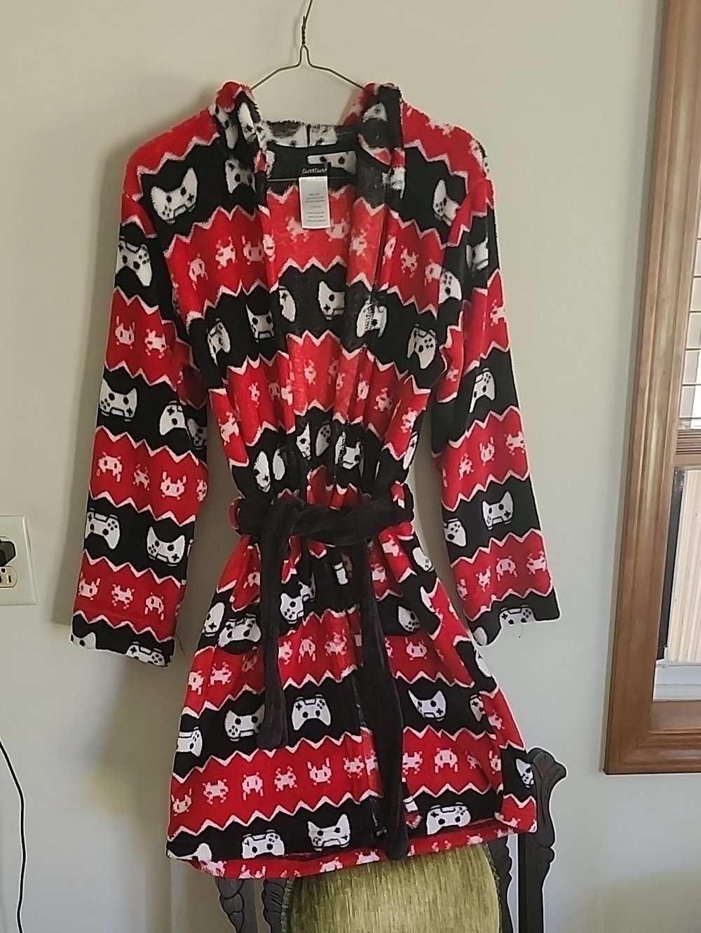 Cuddl Duds Red & Black Kids Plush Robe Dress with Game & Cat Motifs